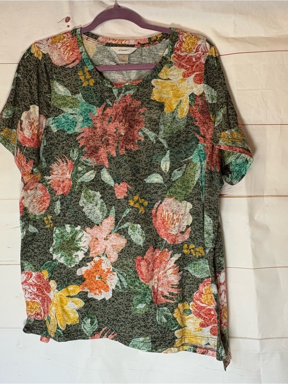 CJ Banks Floral V-Neck Short Sleeve Tee with Multicolor Blooms